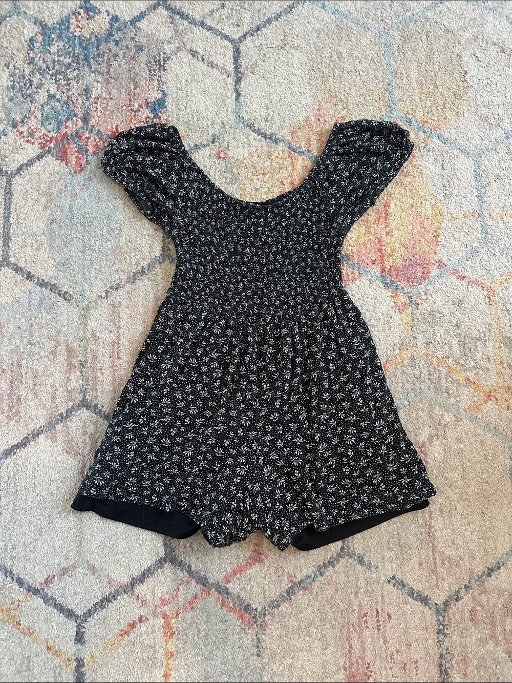 Forever 21 Black Floral Smocked Romper with Puff Sleeves